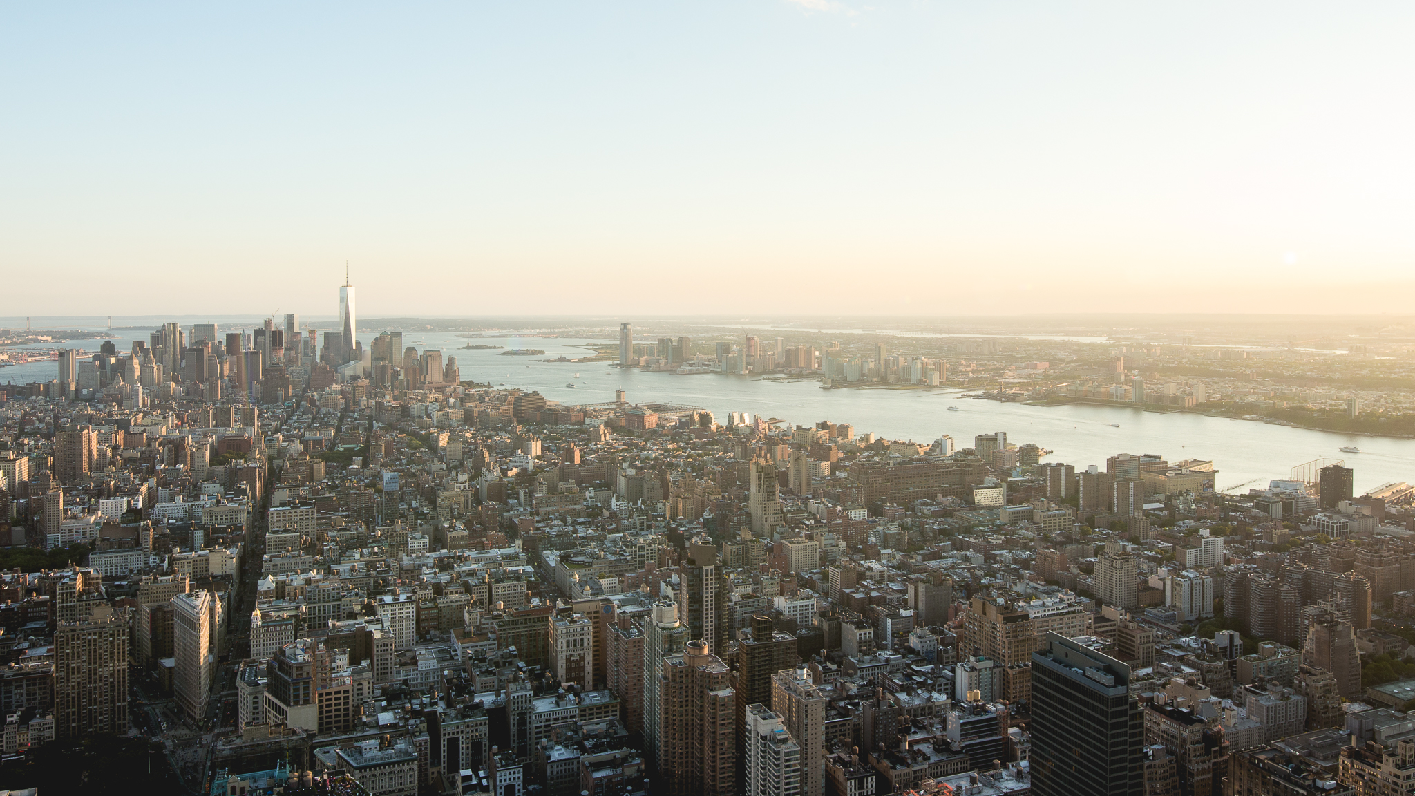 View of Lower Manhattan from the Empire State Building at sunset. 