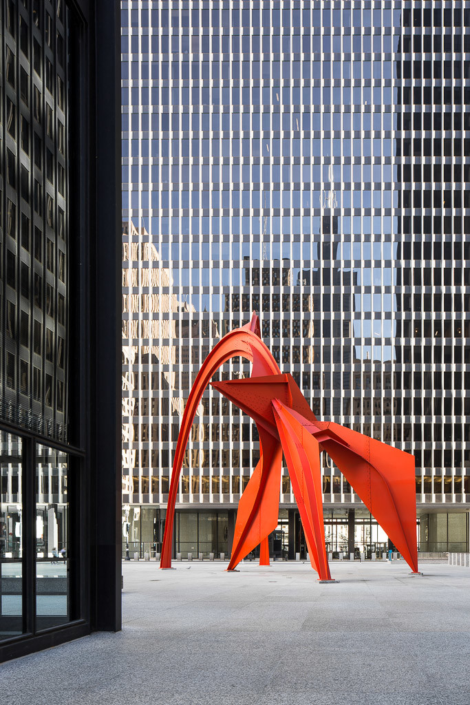 Chicago Federal Plaza, buildings by Mies van der Rohe, Flamingo sculpture by Alexander Calder.